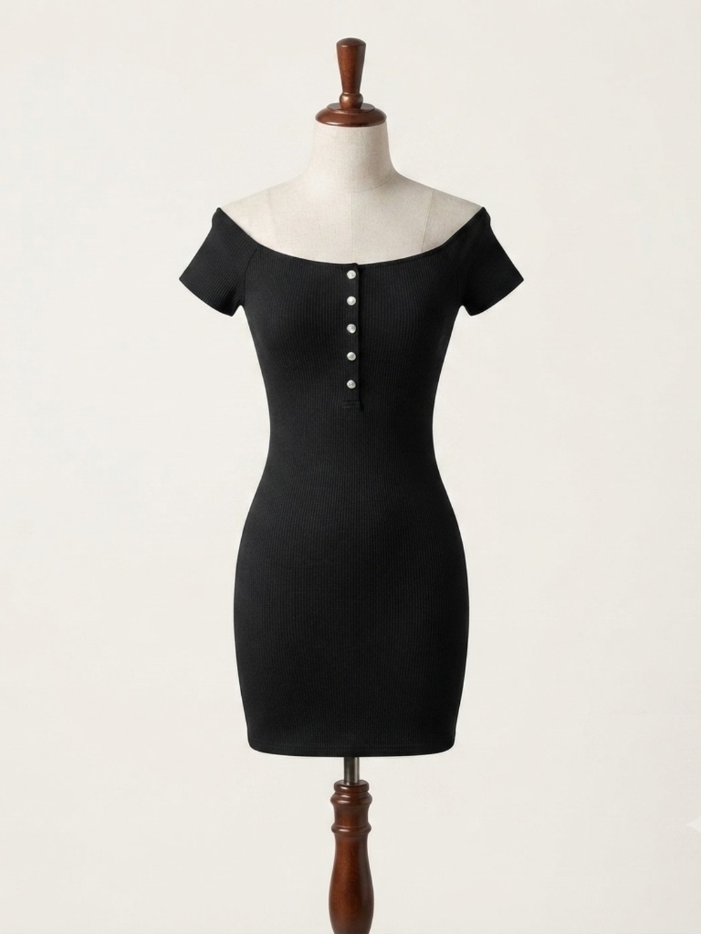 Off-Shoulder Black Ribbed Bodycon Dress with Button Front
